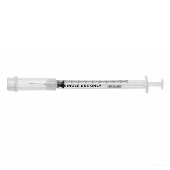 1mL | 28G x 1/2" - SOL-GUARD™ 200067SG TB Safety Syringe with Fixed Needle | 100 per Box